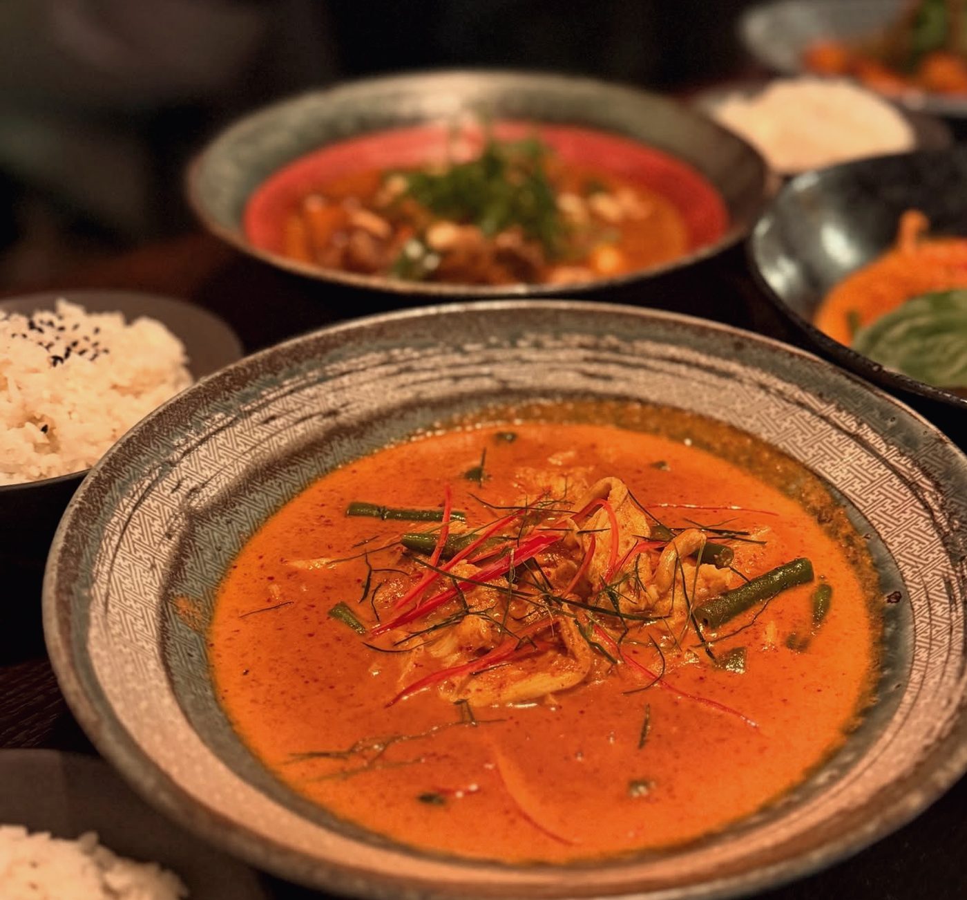 Panang curry in a grey ceramic bowl