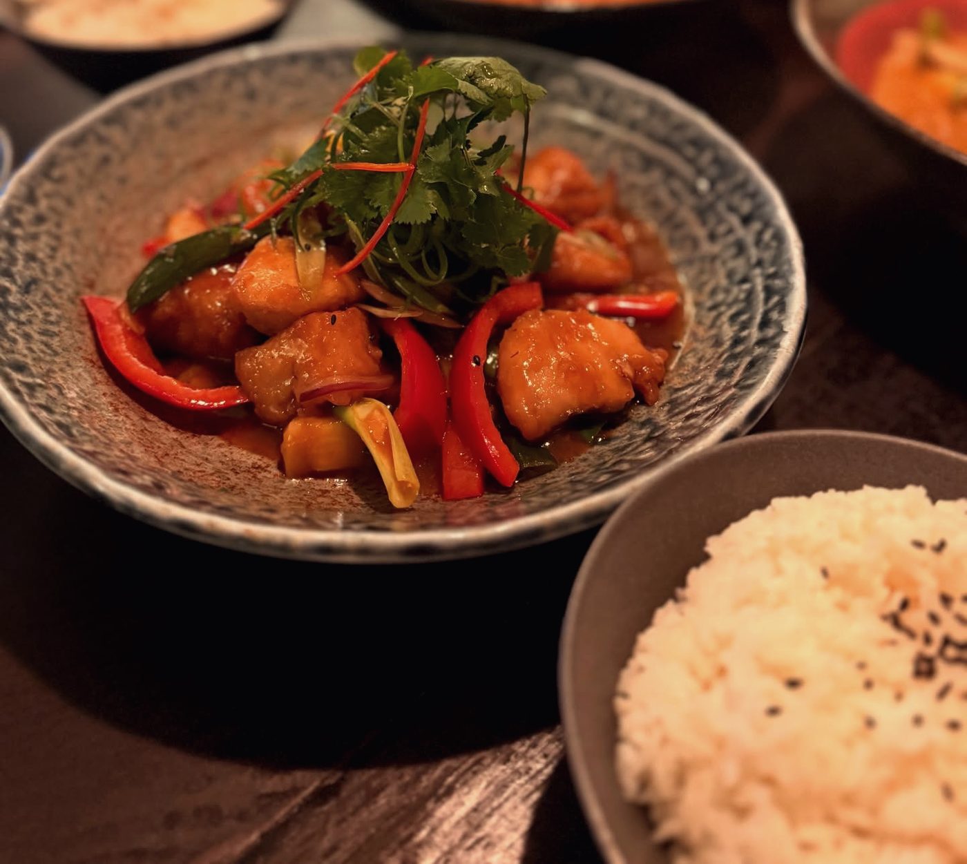 Sweet and sour chicken with peppers and pineapple