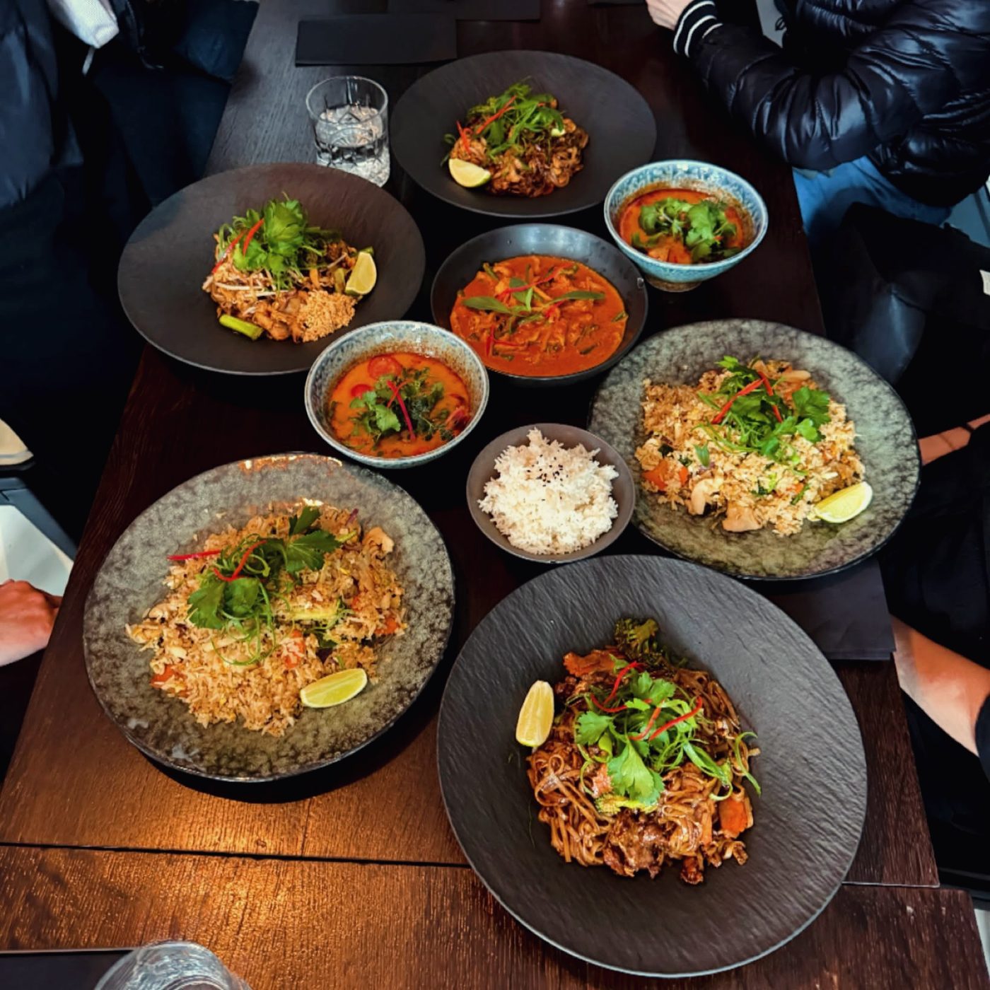 A table of Charm dishes seen from above